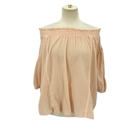Treasure & Bond Pink Smocked Off Shoulder Blouse Size Medium NWOT - Picture 1 of 7